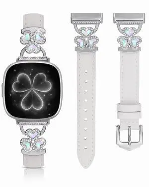 Leather Bands Compatible with Fitbit Versa 4/Versa 3/Sense 2/Sense Band for Women, Slim Thin Dressy Watch Strap with Clover Charm - Decorative Metal Buckle for Fitbit Versa 4 Smartwatch Bands Leather Bands Compatible with Fitbit Versa 4/Versa 3/Sense 2/Sense Band for Women, Slim Thin Dressy Watch Strap with Clover Charm - Decorative Metal Buckle for Fitbit Versa 4 Smartwatch Bands