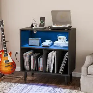 Record Player Stand with Open Vinyl Storage, Mid-Century Album Storage Table with LED Light up to 300 Albums, Vinyl Record Player Shelf with Power Outlet for Living Room, Black Record Player Stand with Open Vinyl Storage, Mid-Century Album Storage Table with LED Light up to 300 Albums, Vinyl Record Player Shelf with Power Outlet for Living Room, Black