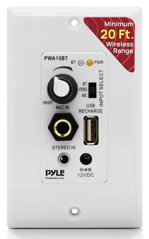 Wireless BT Receiver Wall Mount - 100W In-Wall Audio Control Receiver w/ Built-in Amplifier, USB/Microphone/Aux (3.5mm) Inputs, Speaker Terminal Block, Connect 2 Speakers, White - PWA15BT Wireless BT Receiver Wall Mount - 100W In-Wall Audio Control Receiver w/ Built-in Amplifier, USB/Microphone/Aux (3.5mm) Inputs, Speaker Terminal Block, Connect 2 Speakers, White - PWA15BT