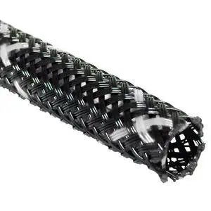 1" PET High Flame Retardant Expandable Braided Flexible Cable Sleeve - Black w/White Tracer - 50 Feet 1" PET High Flame Retardant Expandable Braided Flexible Cable Sleeve - Black w/White Tracer - 50 Feet