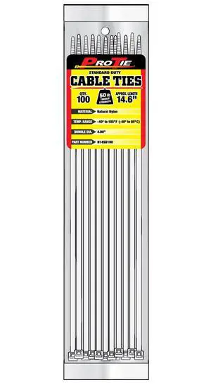 Pro Tie Standard Duty, Self-Locking Nylon Cable Wire Ties for Indoor and Outdoor Use | 14.6-Inch, 50 lbs. Tensile Strength, Natural Nylon, 100-Pack (PN: N14SD100) Pro Tie Standard Duty, Self-Locking Nylon Cable Wire Ties for Indoor and Outdoor Use | 14.6-Inch, 50 lbs. Tensile Strength, Natural Nylon, 100-Pack (PN: N14SD100)