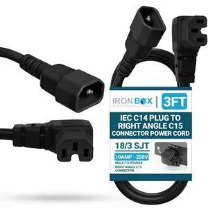 IronBox Electric IEC C14 Plug to Right Angle C15 Connector Power Cords - 10A, 250V, 18/3 SJT - Heavy Duty Power Supply Extension Cord - UL Listed Power Cable for Computer, PDU, Monitor & More (3 ft) IronBox Electric IEC C14 Plug to Right Angle C15 Connector Power Cords - 10A, 250V, 18/3 SJT - Heavy Duty Power Supply Extension Cord - UL Listed Power Cable for Computer, PDU, Monitor & More (3 ft)
