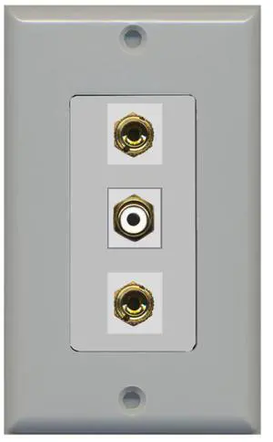 1 Port RCA White 2 Port Banana Speaker Decorative Wall Plate - Gray 1 Port RCA White 2 Port Banana Speaker Decorative Wall Plate - Gray