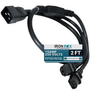 IronBox Electric Black IEC C20 to 2X C13 Y Splitter Cord - 1ft (1foot leg) - 15A/250V - 14/3 AWG - UL Listed Power Outlet Splitter - Heavy Duty Power Extension Cable for Monitor, Computer & More (2ft) IronBox Electric Black IEC C20 to 2X C13 Y Splitter Cord - 1ft (1foot leg) - 15A/250V - 14/3 AWG - UL Listed Power Outlet Splitter - Heavy Duty Power Extension Cable for Monitor, Computer & More (2ft)