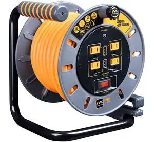 50ft Cord Reel, Retractable Extension Lead with Winding Handle, Safety Overload Circuit Breaker and Power Switch, 4x Grounded Outlets, 2x USB Ports, 15amps, 12AWG Cable 50ft Cord Reel, Retractable Extension Lead with Winding Handle, Safety Overload Circuit Breaker and Power Switch, 4x Grounded Outlets, 2x USB Ports, 15amps, 12AWG Cable