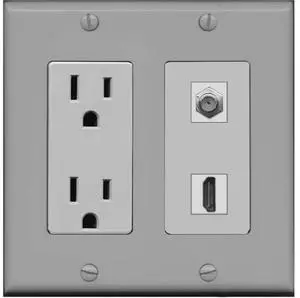 15 Amp Power Outlet and 1 Port HDMI Coax Cable TV- F-Type Decorative Wall Plate - Gray 15 Amp Power Outlet and 1 Port HDMI Coax Cable TV- F-Type Decorative Wall Plate - Gray