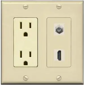 15 Amp Power Outlet and 1 Port HDMI Coax Cable TV- F-Type Decorative Wall Plate - Ivory 15 Amp Power Outlet and 1 Port HDMI Coax Cable TV- F-Type Decorative Wall Plate - Ivory