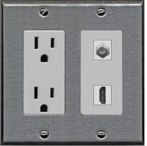 15 Amp Power Outlet and 1 Port HDMI Coax Cable TV- F-Type Decorative Wall Plate - Stainless Steel/Gray 15 Amp Power Outlet and 1 Port HDMI Coax Cable TV- F-Type Decorative Wall Plate - Stainless Steel/Gray