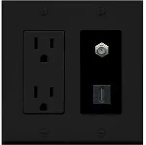 15 Amp Power Outlet and 1 Port HDMI Coax Cable TV- F-Type Decorative Wall Plate - Black 15 Amp Power Outlet and 1 Port HDMI Coax Cable TV- F-Type Decorative Wall Plate - Black