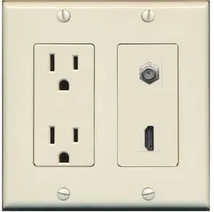 15 Amp Power Outlet and 1 Port HDMI Coax Cable TV- F-Type Decorative Wall Plate - Light Almond 15 Amp Power Outlet and 1 Port HDMI Coax Cable TV- F-Type Decorative Wall Plate - Light Almond