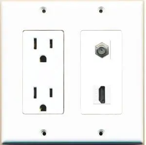 15 Amp Power Outlet and 1 Port HDMI Coax Cable TV- F-Type Decorative Wall Plate - White 15 Amp Power Outlet and 1 Port HDMI Coax Cable TV- F-Type Decorative Wall Plate - White
