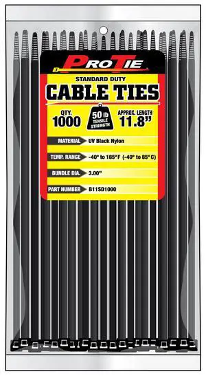 Pro Tie Standard Duty, Self-Locking UV Nylon Cable Wire Ties for Indoor and Outdoor Use | 11.8-Inch, 50 lbs. Tensile Strength, UV Black Nylon, 1000-Pack (PN: B11SD1000) Pro Tie Standard Duty, Self-Locking UV Nylon Cable Wire Ties for Indoor and Outdoor Use | 11.8-Inch, 50 lbs. Tensile Strength, UV Black Nylon, 1000-Pack (PN: B11SD1000)