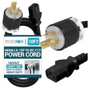 IronBox Electric NEMA L6-15P to IEC C13 Power Cord - 15A, 250V, 14/3 SJT - UL Listed Power Supply Extension Cable - Heavy Duty Plug and Connector for Computer, Data Centers, PDU and More (10ft, Build) IronBox Electric NEMA L6-15P to IEC C13 Power Cord - 15A, 250V, 14/3 SJT - UL Listed Power Supply Extension Cable - Heavy Duty Plug and Connector for Computer, Data Centers, PDU and More (10ft, Build)