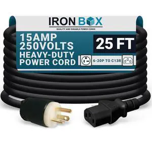IronBox Electric - NEMA 6-20P Plug to IEC C13 Power Cord - 15A/250V, 14/3 AWG - UL Listed Heavy Duty Power Cord - Replacement Cords for Monitor, Computer, Printer, Audio Speaker & More (25ft, Build) IronBox Electric - NEMA 6-20P Plug to IEC C13 Power Cord - 15A/250V, 14/3 AWG - UL Listed Heavy Duty Power Cord - Replacement Cords for Monitor, Computer, Printer, Audio Speaker & More (25ft, Build)