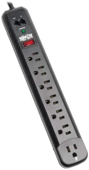 7 Outlet (6 Right Angle 1 Transformer) Surge Protector Power Strip, 6ft Cord, Tel/Modem, & $50K Insurance (TLP76RBTEL), Black 7 Outlet (6 Right Angle 1 Transformer) Surge Protector Power Strip, 6ft Cord, Tel/Modem, & $50K Insurance (TLP76RBTEL), Black
