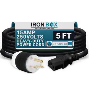 IronBox Electric NEMA 6-15 Plug to C13 Connector Power Cords - 15A/250V - 14/3 AWG - Power Supply Replacement Cable - UL Listed Heavy Duty Cord for Monitor, Computer, TV & More (5 ft, Build) IronBox Electric NEMA 6-15 Plug to C13 Connector Power Cords - 15A/250V - 14/3 AWG - Power Supply Replacement Cable - UL Listed Heavy Duty Cord for Monitor, Computer, TV & More (5 ft, Build)