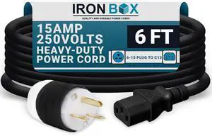 IronBox Electric NEMA 6-15 Plug to C13 Connector Power Cords - 15A/250V - 14/3 AWG - Power Supply Replacement Cable - UL Listed Heavy Duty Cord for Monitor, Computer, TV & More (6 ft, Build) IronBox Electric NEMA 6-15 Plug to C13 Connector Power Cords - 15A/250V - 14/3 AWG - Power Supply Replacement Cable - UL Listed Heavy Duty Cord for Monitor, Computer, TV & More (6 ft, Build)