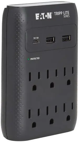 Eaton SK60CB Wall Surge Protector Power Strip & USB Wall Charger, 6-Outlet Extender, 1 USB-C + 2 USB Ports, 1080 Joules, Multi-Plug Outlet Splitter, Black, Manufacturer's Eaton SK60CB Wall Surge Protector Power Strip & USB Wall Charger, 6-Outlet Extender, 1 USB-C + 2 USB Ports, 1080 Joules, Multi-Plug Outlet Splitter, Black, Manufacturer's