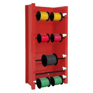 Wall-Mounted Wire Spool Holder, 5-Rod Steel Storage & Display Rack | Cable Dispenser for Electrical, Industrial & Retail - 26" x 13.7" x 6", Red/Black Wall-Mounted Wire Spool Holder, 5-Rod Steel Storage & Display Rack | Cable Dispenser for Electrical, Industrial & Retail - 26" x 13.7" x 6", Red/Black