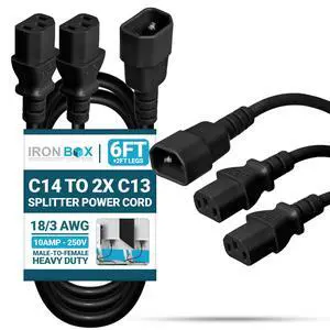 IronBox Electric IEC C14 to 2X C13 Splitter Power Cord - 10A, 250V, 18/3 AWG - UL Listed Power Extension Cable - Heavy Duty Adapter Cables for Computer, Monitor, PDU, Printer & More (6ft + 2ft Legs) IronBox Electric IEC C14 to 2X C13 Splitter Power Cord - 10A, 250V, 18/3 AWG - UL Listed Power Extension Cable - Heavy Duty Adapter Cables for Computer, Monitor, PDU, Printer & More (6ft + 2ft Legs)