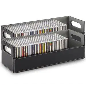 2- Pack CD Storage Box, Organizer Shelf for Movie Cases, DVDs, Cassette Tape Display Stand, Disc Holder Can Store Up to 40 CDs, Faux Leather (Black with Gray Interior) 2- Pack CD Storage Box, Organizer Shelf for Movie Cases, DVDs, Cassette Tape Display Stand, Disc Holder Can Store Up to 40 CDs, Faux Leather (Black with Gray Interior)