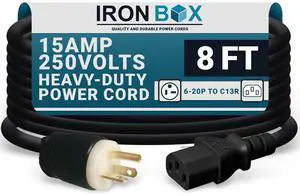 IronBox Electric - NEMA 6-20P Plug to IEC C13 Power Cord - 15A/250V, 14/3 AWG - UL Listed Heavy Duty Power Cord - Replacement Cords for Monitor, Computer, Printer, Audio Speaker & More (8ft, Build) IronBox Electric - NEMA 6-20P Plug to IEC C13 Power Cord - 15A/250V, 14/3 AWG - UL Listed Heavy Duty Power Cord - Replacement Cords for Monitor, Computer, Printer, Audio Speaker & More (8ft, Build)