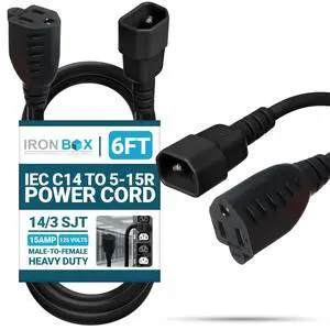 IronBox Electric IEC C14 to 5-15R Power Cord - 15A, 125V, 14/3 SJT - UL Listed Power Cord Adapter - Heavy Duty Plug & Connector Extension Cable for Computer, Printer, Data Centers & More (6ft, Molded) IronBox Electric IEC C14 to 5-15R Power Cord - 15A, 125V, 14/3 SJT - UL Listed Power Cord Adapter - Heavy Duty Plug & Connector Extension Cable for Computer, Printer, Data Centers & More (6ft, Molded)