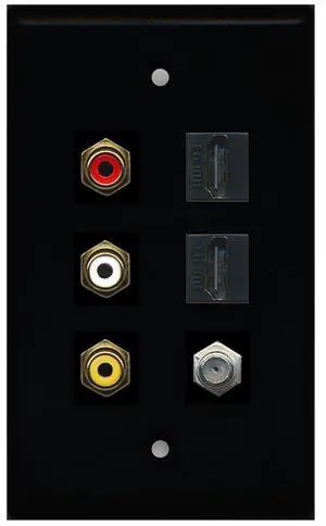 3 x RCA - 2 X HDMI and 1 x Coax Cable TV Port Wall Plate - Black 3 x RCA - 2 X HDMI and 1 x Coax Cable TV Port Wall Plate - Black