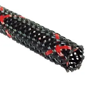 1/8" PET High Flame Retardant Expandable Braided Flexible Cable Sleeve - Black w/Red Tracer - 50 Feet 1/8" PET High Flame Retardant Expandable Braided Flexible Cable Sleeve - Black w/Red Tracer - 50 Feet