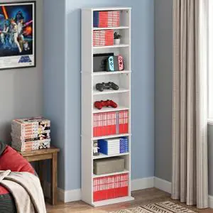 9-Shelf Tall Narrow CD Rack, DVD Storage Cabinets with Adjustable Shelves, Easy Assembly DVD Shelf, Media Shelf for CD Blueray Game Disc, for Home Office, Living Room, White 9-Shelf Tall Narrow CD Rack, DVD Storage Cabinets with Adjustable Shelves, Easy Assembly DVD Shelf, Media Shelf for CD Blueray Game Disc, for Home Office, Living Room, White