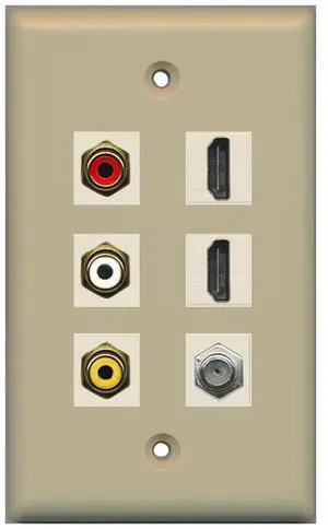 3 x RCA - 2 X HDMI and 1 x Coax Cable TV Port Wall Plate - Ivory 3 x RCA - 2 X HDMI and 1 x Coax Cable TV Port Wall Plate - Ivory