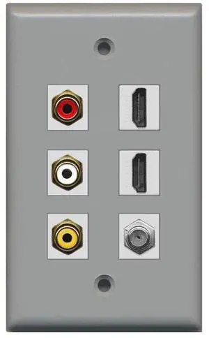 3 x RCA - 2 X HDMI and 1 x Coax Cable TV Port Wall Plate - Gray 3 x RCA - 2 X HDMI and 1 x Coax Cable TV Port Wall Plate - Gray