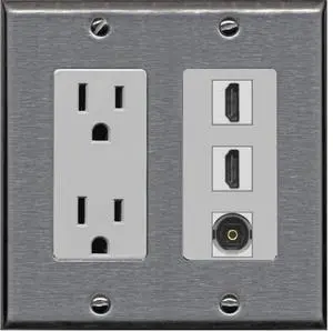 15 Amp Power Outlet 2 Port HDMI 1 Port Toslink Decorative Wall Plate - Stainless Steel/Gray 15 Amp Power Outlet 2 Port HDMI 1 Port Toslink Decorative Wall Plate - Stainless Steel/Gray