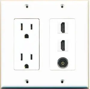 15 Amp Power Outlet 2 Port HDMI 1 Port Toslink Decorative Wall Plate - White 15 Amp Power Outlet 2 Port HDMI 1 Port Toslink Decorative Wall Plate - White