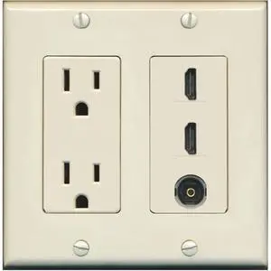 15 Amp Power Outlet 2 Port HDMI 1 Port Toslink Decorative Wall Plate - Light Almond 15 Amp Power Outlet 2 Port HDMI 1 Port Toslink Decorative Wall Plate - Light Almond
