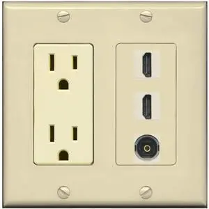 15 Amp Power Outlet 2 Port HDMI 1 Port Toslink Decorative Wall Plate - Ivory 15 Amp Power Outlet 2 Port HDMI 1 Port Toslink Decorative Wall Plate - Ivory