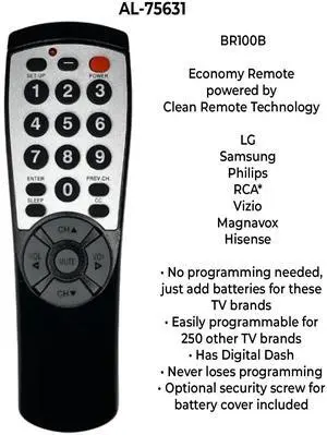 10 Pack - Brightstar Clean Remote, Standard Universal TV Remote Control by - BR100B 10 Pack - Brightstar Clean Remote, Standard Universal TV Remote Control by - BR100B