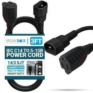 IronBox Electric IEC C14 to 5-15R Power Cord - 15A, 125V, 14/3 SJT - UL Listed Power Cord Adapter - Heavy Duty Plug & Connector Extension Cable for Computer, Printer, Data Centers & More (3ft, Molded) IronBox Electric IEC C14 to 5-15R Power Cord - 15A, 125V, 14/3 SJT - UL Listed Power Cord Adapter - Heavy Duty Plug & Connector Extension Cable for Computer, Printer, Data Centers & More (3ft, Molded)