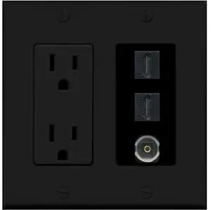 15 Amp Power Outlet 2 Port HDMI 1 Port Toslink Decorative Wall Plate - Black 15 Amp Power Outlet 2 Port HDMI 1 Port Toslink Decorative Wall Plate - Black