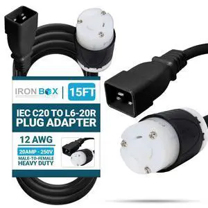 IronBox Electric - Heavy Duty IEC C20 to L6-20R Plug Adapter Power Cord - 12 AWG Jacket - Rated for 20 Amps and 250V - UL Listed Extension Cable - Ideal for Server Racks and Data Centers (15 feet) IronBox Electric - Heavy Duty IEC C20 to L6-20R Plug Adapter Power Cord - 12 AWG Jacket - Rated for 20 Amps and 250V - UL Listed Extension Cable - Ideal for Server Racks and Data Centers (15 feet)