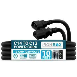 IronBox Electric C14 to C13 Power Cord - 13A, 250V,16/3 SJT - UL Listed Jumper Cord and IEC Power Cable - Heavy Duty Plug and Connectors for Computer, Desktop, Monitor, Speaker, UPS, PDU & More (10ft) IronBox Electric C14 to C13 Power Cord - 13A, 250V,16/3 SJT - UL Listed Jumper Cord and IEC Power Cable - Heavy Duty Plug and Connectors for Computer, Desktop, Monitor, Speaker, UPS, PDU & More (10ft)