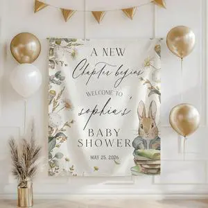 A New Chapter Begins Baby Shower Backdrop Linen Fabric, Floral Bunny Welcome Sign Banner, Neutral Baby Shower Decorations Photo Booth Background for Girls Boys A New Chapter Begins Baby Shower Backdrop Linen Fabric, Floral Bunny Welcome Sign Banner, Neutral Baby Shower Decorations Photo Booth Background for Girls Boys