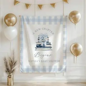 Baby Shower Backdrop Linen Fabric Blue Gingham, A New Chapter Begins Banner with Books and Bow, Baby Boy Shower Decorations Photo Booth Background Baby Shower Backdrop Linen Fabric Blue Gingham, A New Chapter Begins Banner with Books and Bow, Baby Boy Shower Decorations Photo Booth Background