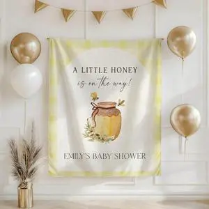 A Little Honey is on the Way Baby Shower Backdrop Linen Fabric, Bee Honey Jar Welcome Banner, Yellow Gingham Baby Shower Decorations Photo Booth Background A Little Honey is on the Way Baby Shower Backdrop Linen Fabric, Bee Honey Jar Welcome Banner, Yellow Gingham Baby Shower Decorations Photo Booth Background