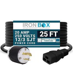 IronBox Electric NEMA L6-20P to C19 Power Cord - 20A, 250V, 12/3 SJT - UL Listed Power Cable Adapter - Heavy Duty Plug and Cord for Data Centers, PDU, High Powered Devices & More (25 ft, Custom Built) IronBox Electric NEMA L6-20P to C19 Power Cord - 20A, 250V, 12/3 SJT - UL Listed Power Cable Adapter - Heavy Duty Plug and Cord for Data Centers, PDU, High Powered Devices & More (25 ft, Custom Built)
