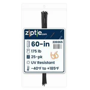 60-inch UV Resistant Black Multi-Purpose Zip Tie, 175-lb Tensile Strength, UL 21S Listed, 25-Pack 60-inch UV Resistant Black Multi-Purpose Zip Tie, 175-lb Tensile Strength, UL 21S Listed, 25-Pack