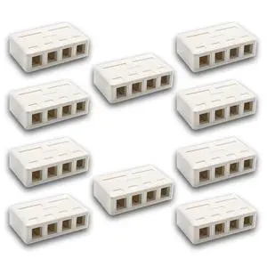 Keystone Jack Surface Mount Box White, Biscuit for RJ45, RJ11, RJ12 Keystone Jacks, UL Listed, RoHs Compliant (10-Pack, 4-Port) Keystone Jack Surface Mount Box White, Biscuit for RJ45, RJ11, RJ12 Keystone Jacks, UL Listed, RoHs Compliant (10-Pack, 4-Port)
