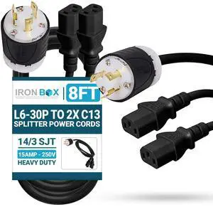 IronBox Electric L6-30P to 2X C13 Splitter Power Cords - 15A/250V, 14 AWG, 14/3 SJT - UL Listed Power Supply Cable - Heavy Duty Power Plug and Cord for Computer, Data Centers, Generator & More (8 ft) IronBox Electric L6-30P to 2X C13 Splitter Power Cords - 15A/250V, 14 AWG, 14/3 SJT - UL Listed Power Supply Cable - Heavy Duty Power Plug and Cord for Computer, Data Centers, Generator & More (8 ft)
