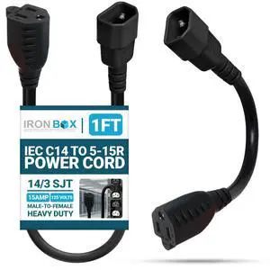 IronBox Electric IEC C14 to 5-15R Power Cord - 15A, 125V, 14/3 SJT - UL Listed Power Cord Adapter - Heavy Duty Plug & Connector Extension Cable for Computer, Printer, Data Centers & More (1ft, Molded) IronBox Electric IEC C14 to 5-15R Power Cord - 15A, 125V, 14/3 SJT - UL Listed Power Cord Adapter - Heavy Duty Plug & Connector Extension Cable for Computer, Printer, Data Centers & More (1ft, Molded)