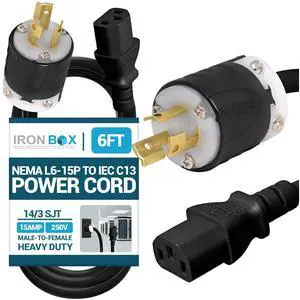 IronBox Electric NEMA L6-15P to IEC C13 Power Cord - 15A, 250V, 14/3 SJT - UL Listed Power Supply Extension Cable - Heavy Duty Plug and Connector for Computer, Data Centers, PDU and More (6ft, Build) IronBox Electric NEMA L6-15P to IEC C13 Power Cord - 15A, 250V, 14/3 SJT - UL Listed Power Supply Extension Cable - Heavy Duty Plug and Connector for Computer, Data Centers, PDU and More (6ft, Build)